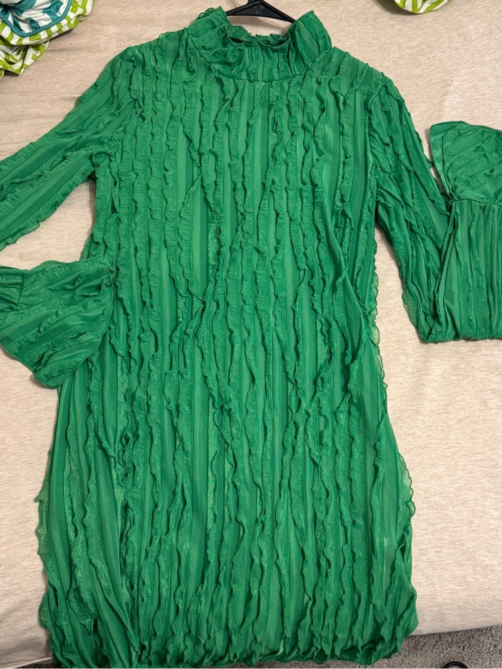 Green Ruffled Long-Sleeve Mini Dress